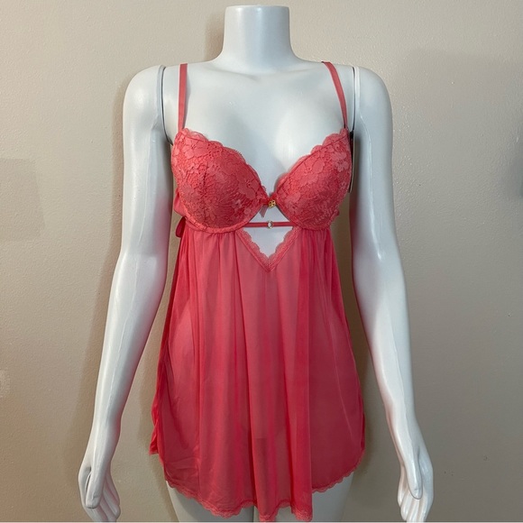 Daisy Fuentes Other - Coral mesh cutout babydoll T-string thong two piece set